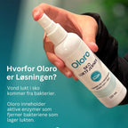 Person holder Oloro Sko Luktfjerner med informasjon om enzymbasert luktfjerning.