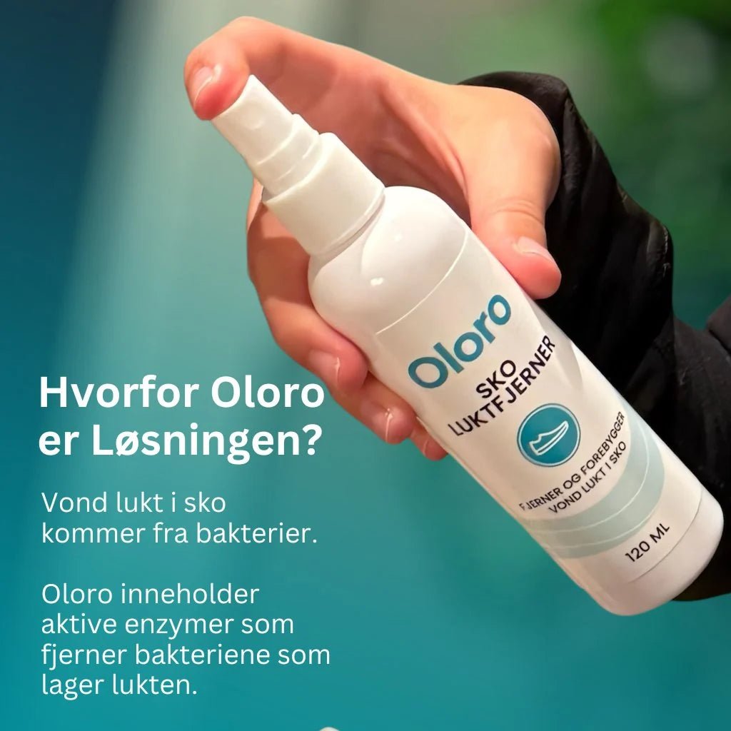 Person holder Oloro Sko Luktfjerner med informasjon om enzymbasert luktfjerning.