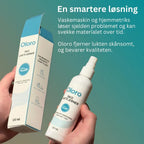 Oloro Sko Luktfjerner og emballasje mot grønn bakgrunn.