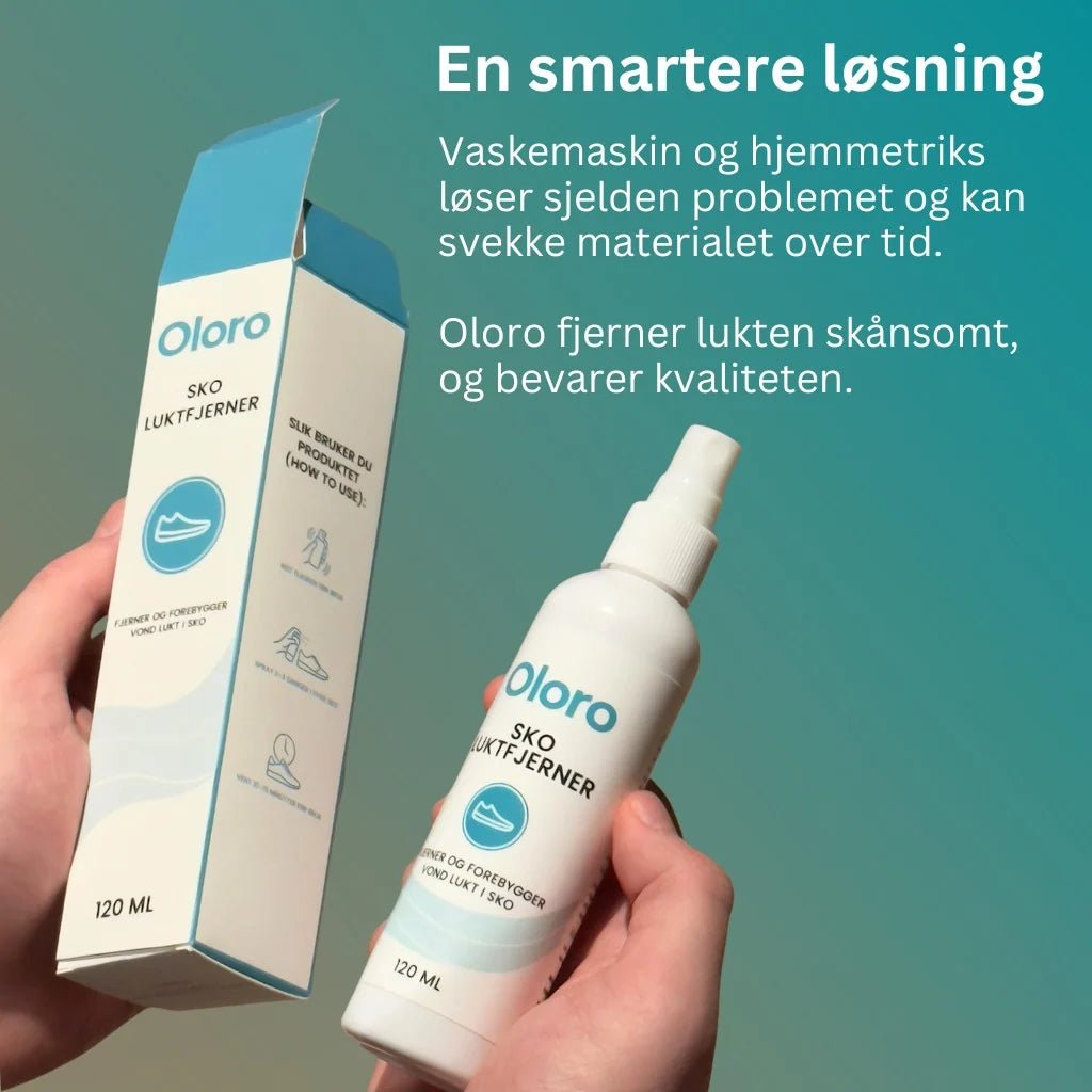 Oloro Sko Luktfjerner og emballasje mot grønn bakgrunn.