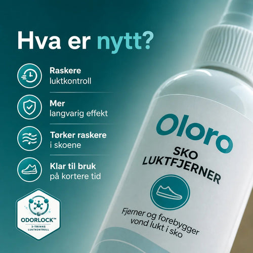 Oloro Sko Luktfjerner med oversikt over den nye BioAktiv-formelen.